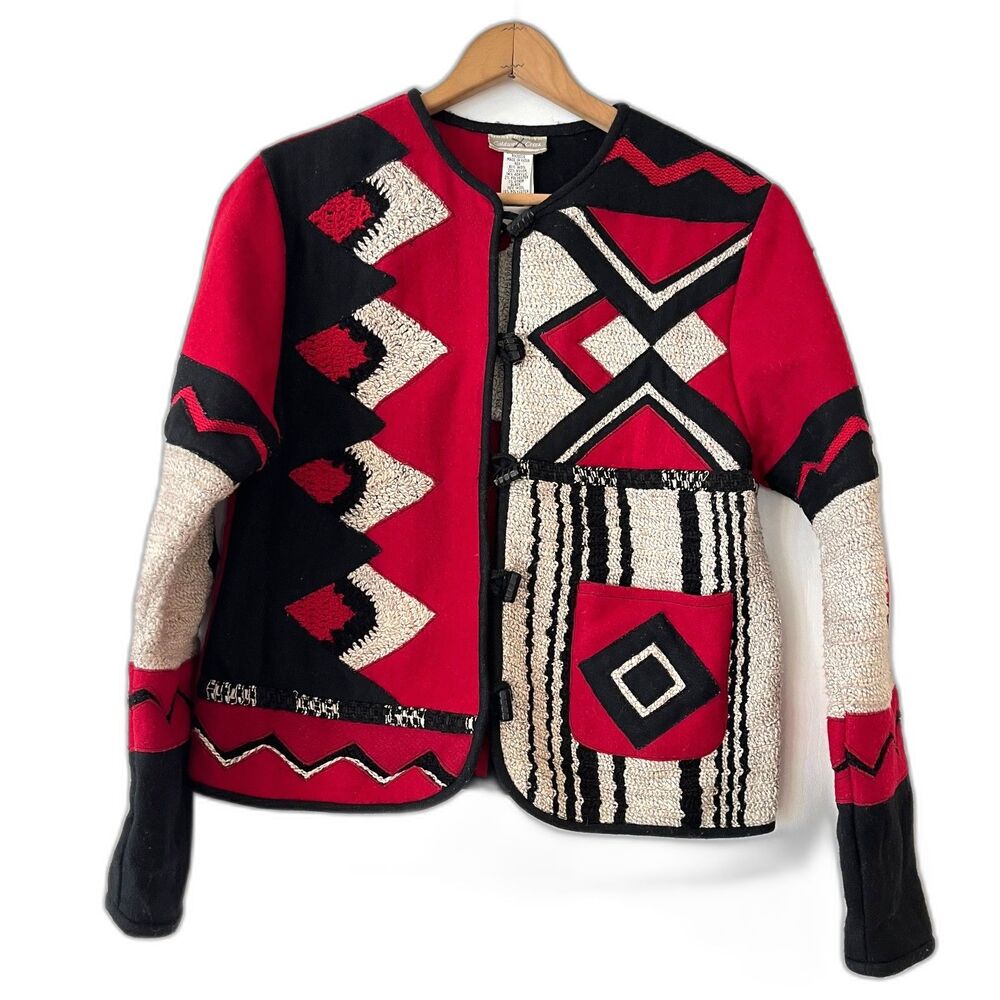 Coldwater Creek Vintage Mixed Fabric Crochet Geometric Wool Jacket Toggle Medium